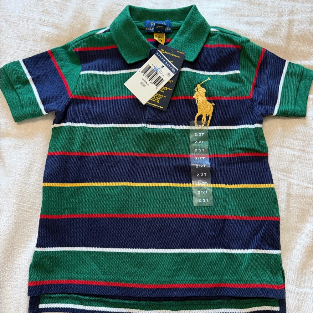 Ralph Lauren NWT Green & Navy Striped Polo Shirt - Kids 2T